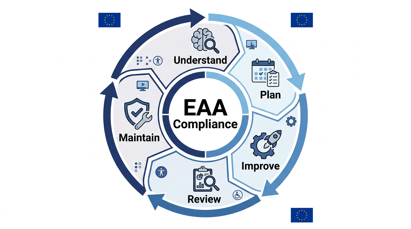 A circular diagram showing the EAA Compliance process stages—Understand, Plan, Improve, Review, Maintain—with corresponding icons and EU flags around each step.