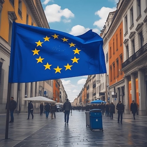 A European Union flag waves above a city street lined with historic buildings as people walk below.